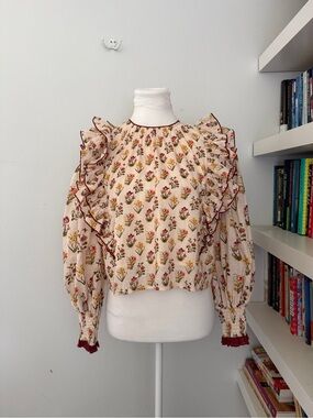 Anna Cate Cottagecore Cream Floral Ruffle Blouse with Elastic wrist Trim Small